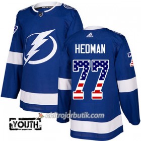 Barn Ishockey Tampa Bay Lightning Tröja Victor Hedman 77 Adidas 2017-2018 Blå USA Flag Fashion Authentic